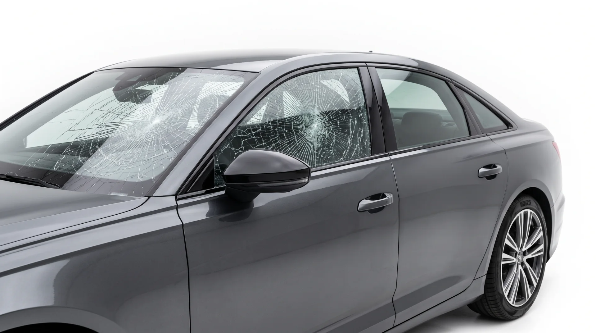 Vidro de carro com película antivandalismo segurando os estilhaços